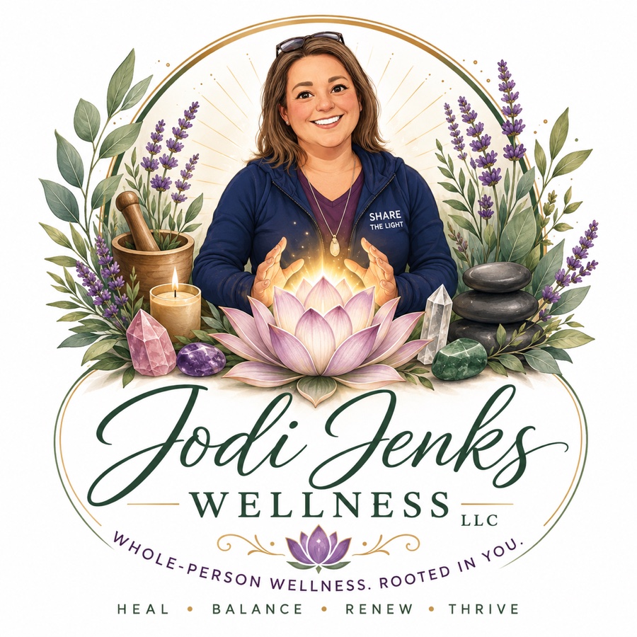 Jodi Jenks surrounded by a lotus, lavender, healing plants, crystals, and balanced stones